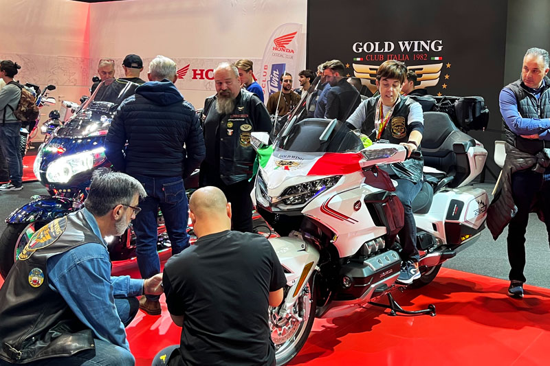 Honda Gold Wing motorcycles on display at the 2023 Milan Motorcycle Show in Italy