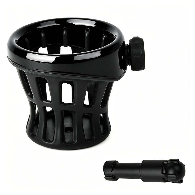 PANICAL small Gloss Black 16mm drink holder shown with mounting components