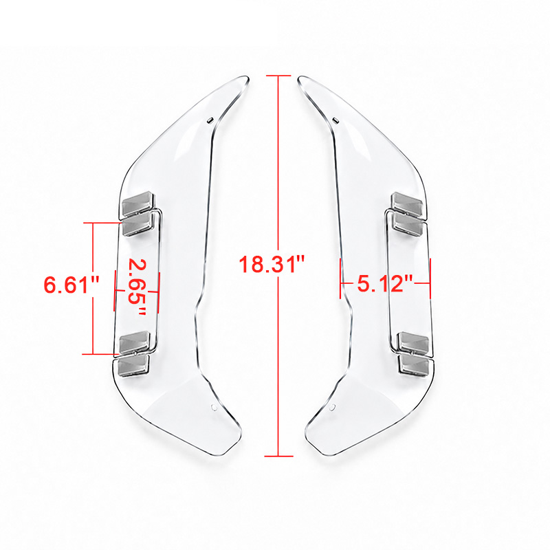 PANICAL Gold Wing GL1800 F6B Clear Side Air Deflectors dimensions showing 18.31 inch height and 5.12 inch panel width with pearl chrome hardware