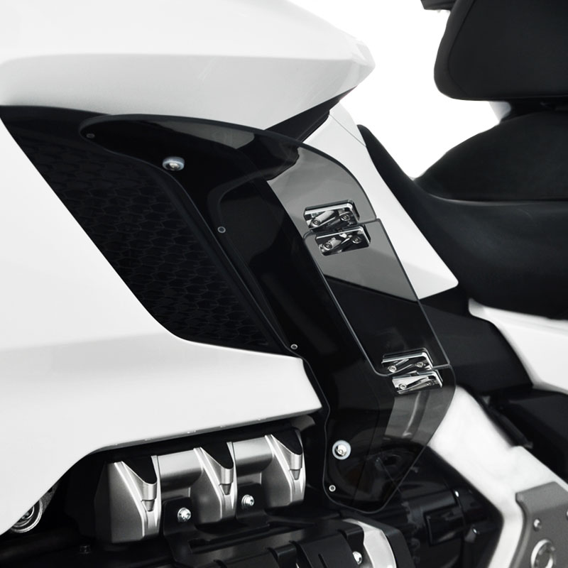 PANICAL Gold Wing GL1800 F6B Gray Side Air Deflectors with chrome hardware installed on the side fairing of a 2018-2026 Honda Gold Wing