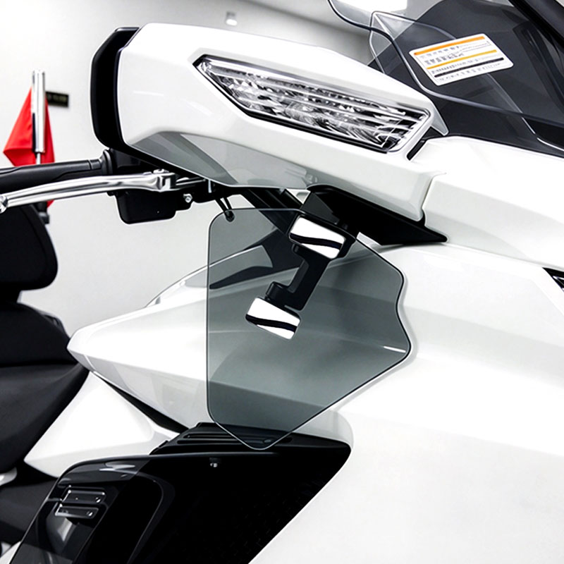 PANICAL Gold Wing GL1800 F6B gray long hand wind deflectors with pearl chrome hardware installed below rearview mirror