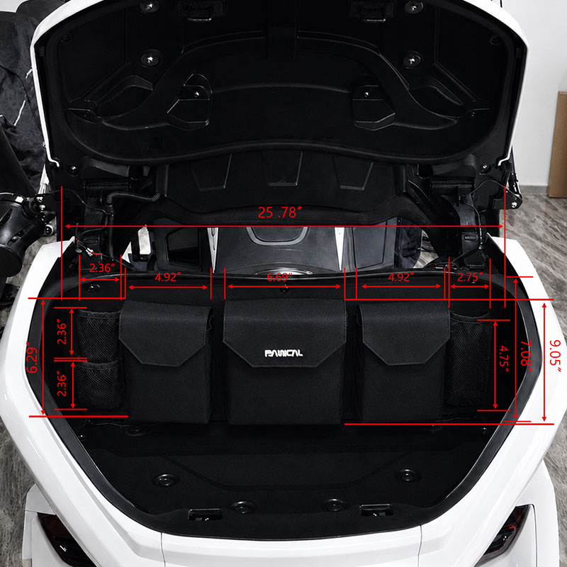 Gold Wing GL1800 Trunk Organizer installed inside rear trunk with dimensions