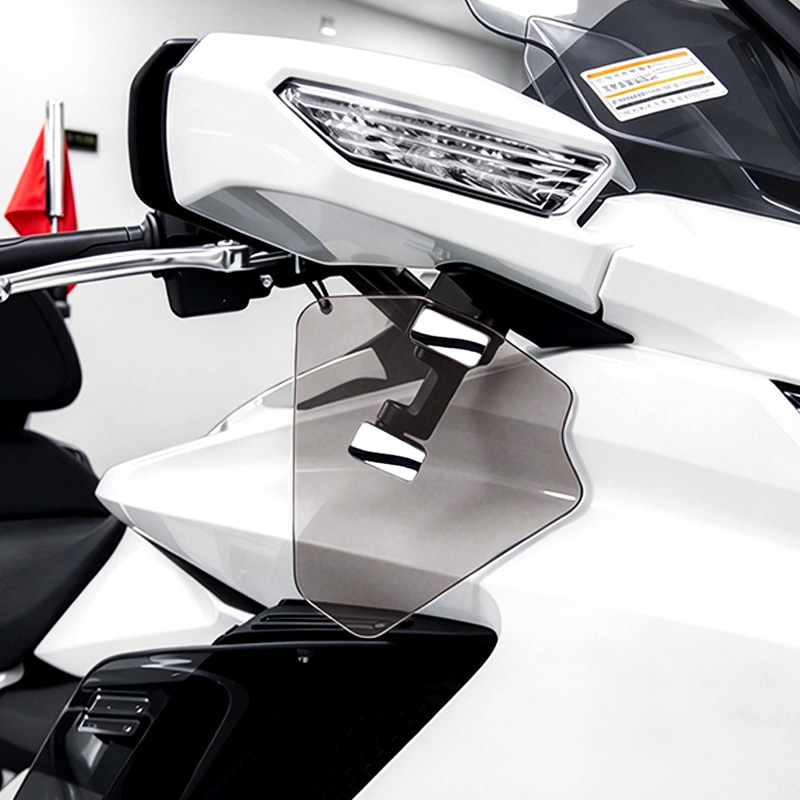 PANICAL Gold Wing GL1800 F6B light gray PMMA long hand wind deflectors with pearl chrome hardware installed below rearview mirror