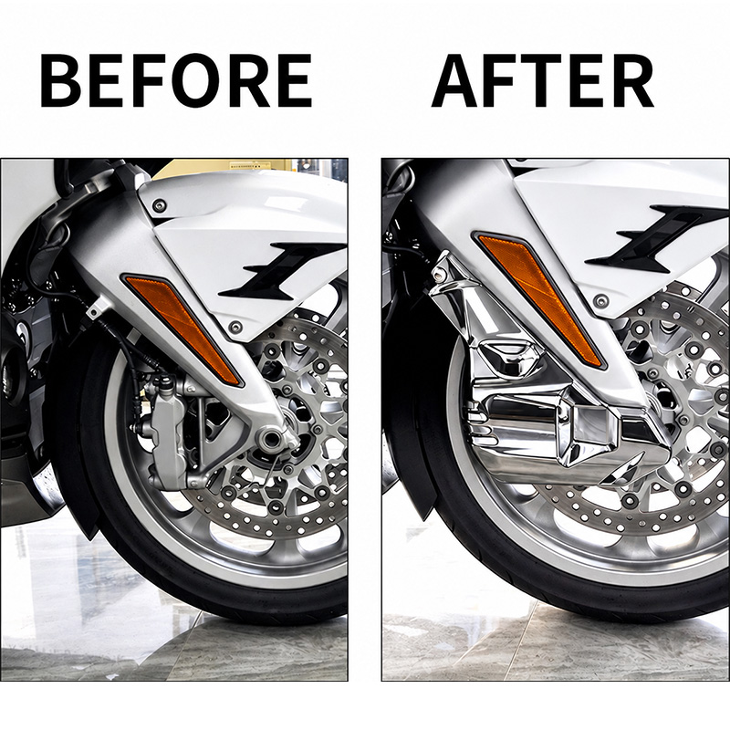 PANICAL Gold Wing Bright Chrome Front Brake Caliper Covers before and after installation 2018-2026